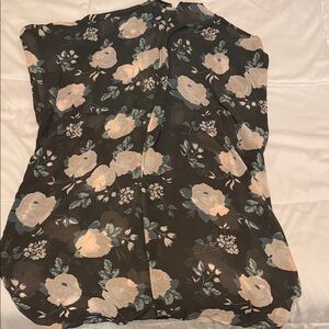 Maurices Black Floral Blouse with Cream Roses and Blue-Green Leaves
